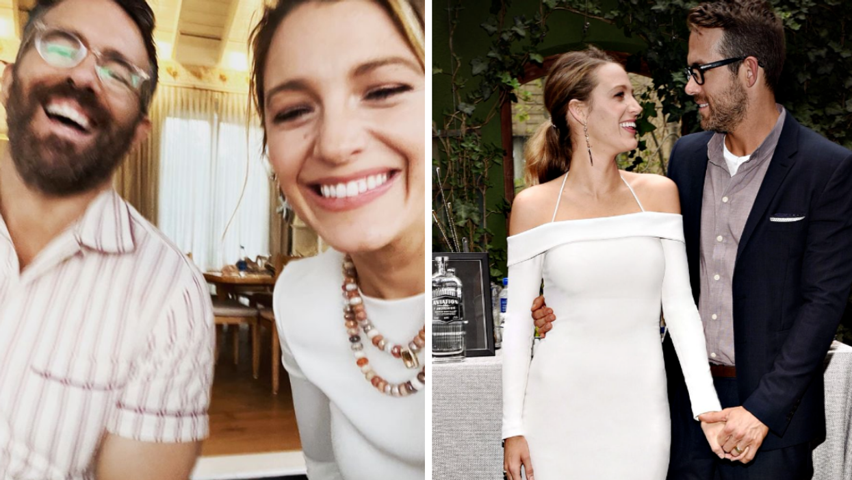 Ryan Reynolds and Blake Lively laughing. Right: Reynolds and Lively holding hands.