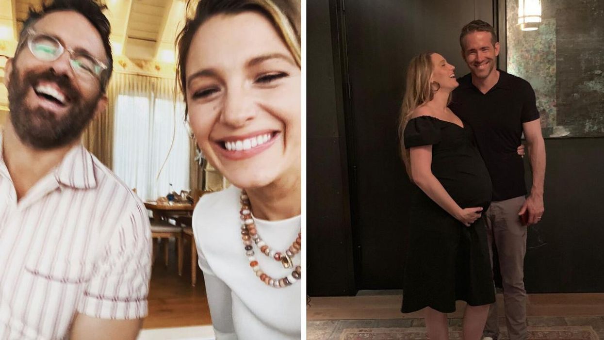 Ryan Reynolds and Blake Lively laughing together. Right: Reynolds and Lively embracing when she was pregnant.
