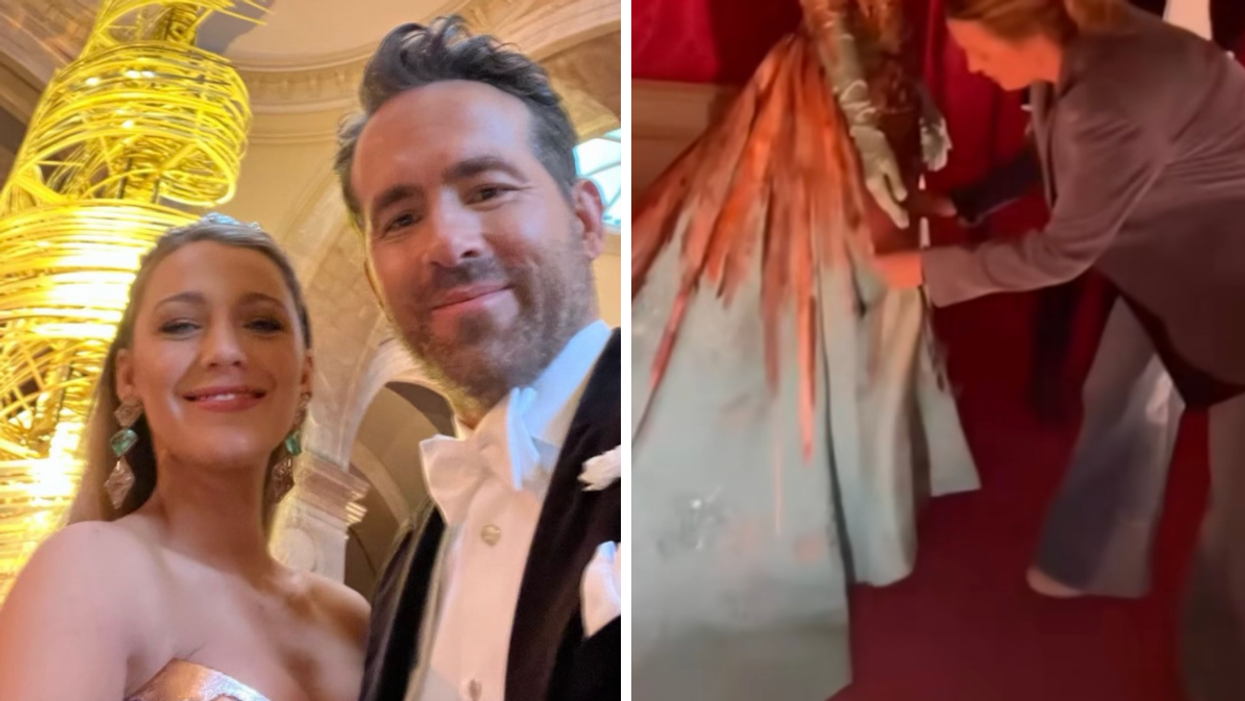 Ryan Reynolds and Blake Lively. Right: Blake Lively fixing her dress at Kensington Palace.