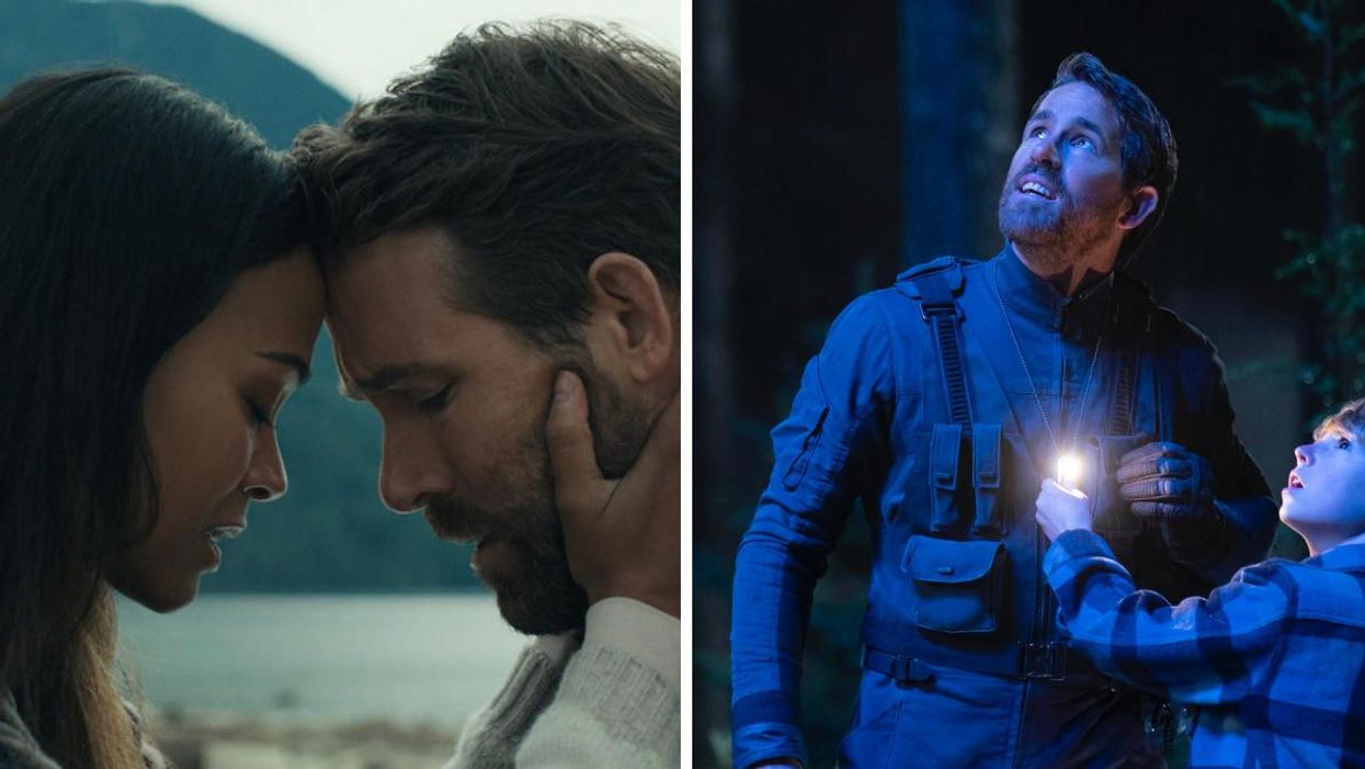 Ryan Reynolds and Zoe Saldana embrace each other. Right: Ryan Reynolds and Walker Scobell looking up.