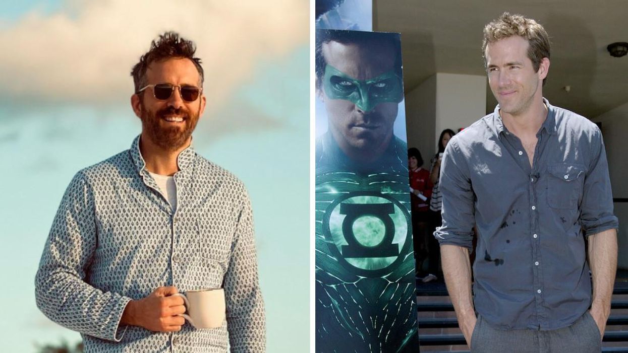 Ryan Reynolds holding a mug. Right: Ryan Reynolds beside a Green Lantern poster.