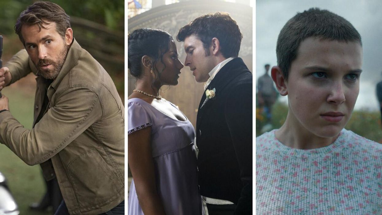 Ryan Reynolds in "The Adam Project." Middle: Simone Ashley and Jonathan Bailey in "Bridgerton." Right: Millie Bobby Brown in "Stranger Things."
