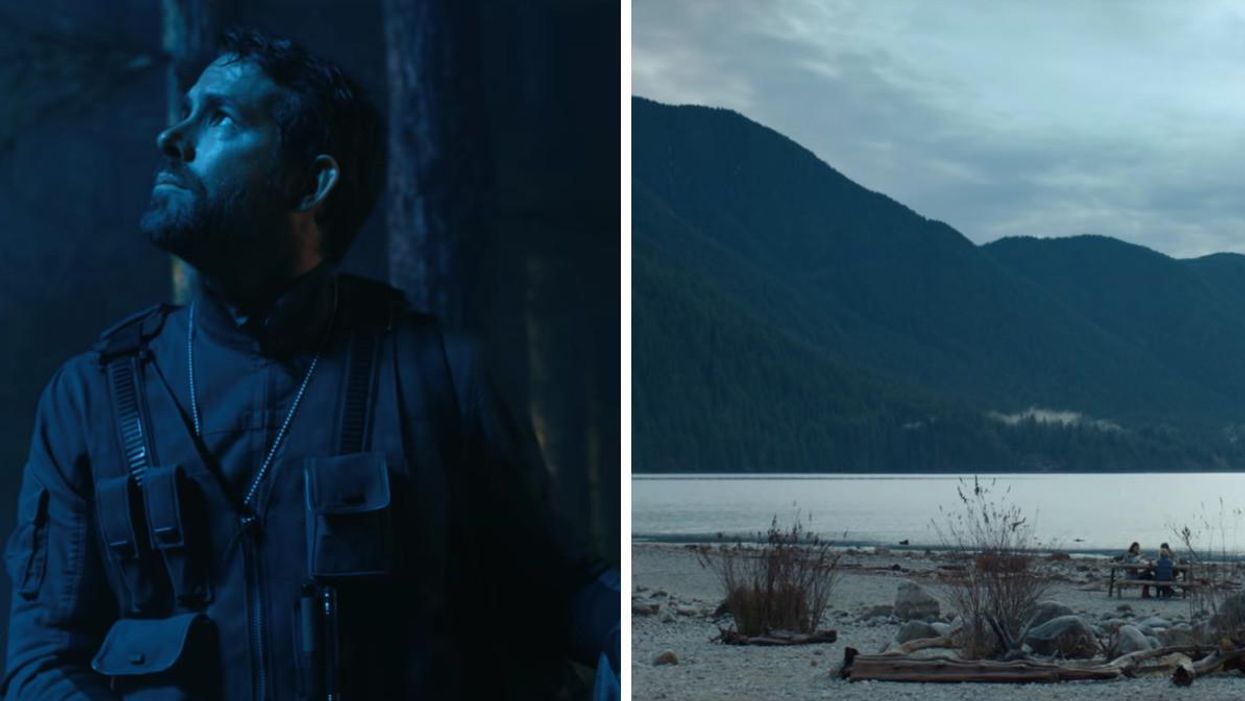 Ryan Reynolds in 'The Adam Project'. Right: Filming location for 'The Adam Project' in BC.