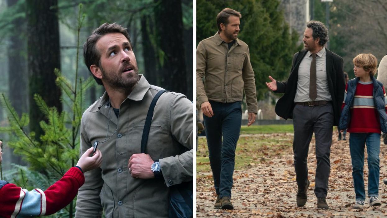 Ryan Reynolds in 'The Adam Project'. Right: Mark Ruffalo, Ryan Reynolds and Walker Scobell in 'The Adam Project'