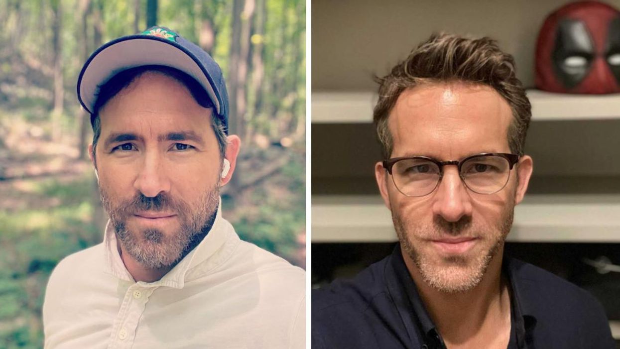 Ryan Reynolds in the woods. Right: Ryan Reynolds with a Deadpool mask in the background.