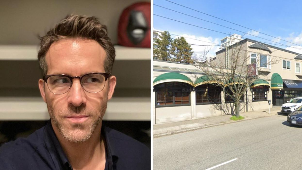 Ryan Reynolds looking away from the camera. Right: Restaurant in Vancouver outside view.