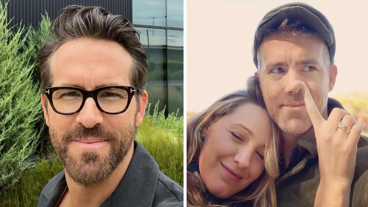 Ryan Reynolds. Right: Blake Likely picking Ryan Reynolds' nose.