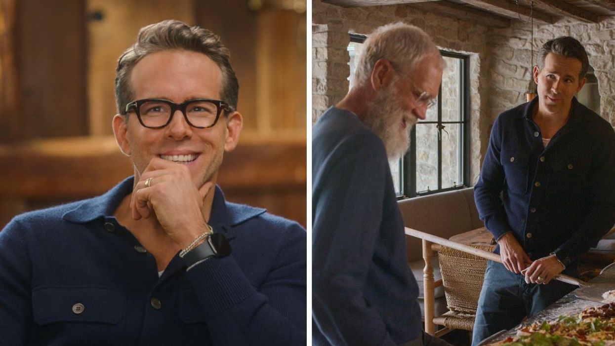 Ryan Reynolds. Right: David Letterman and Ryan Reynolds chatting while making pizza.