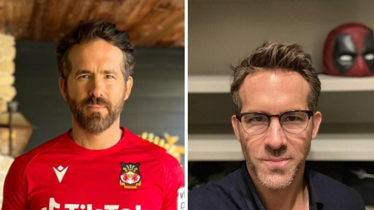 Ryan Reynolds. Right: Ryan Reynolds with a Deadpool mask.