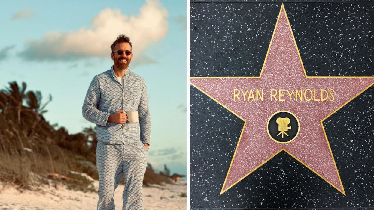 Ryan Reynolds seen on a beach. Right: Reynold's star on the Hollywood Walk of Fame.