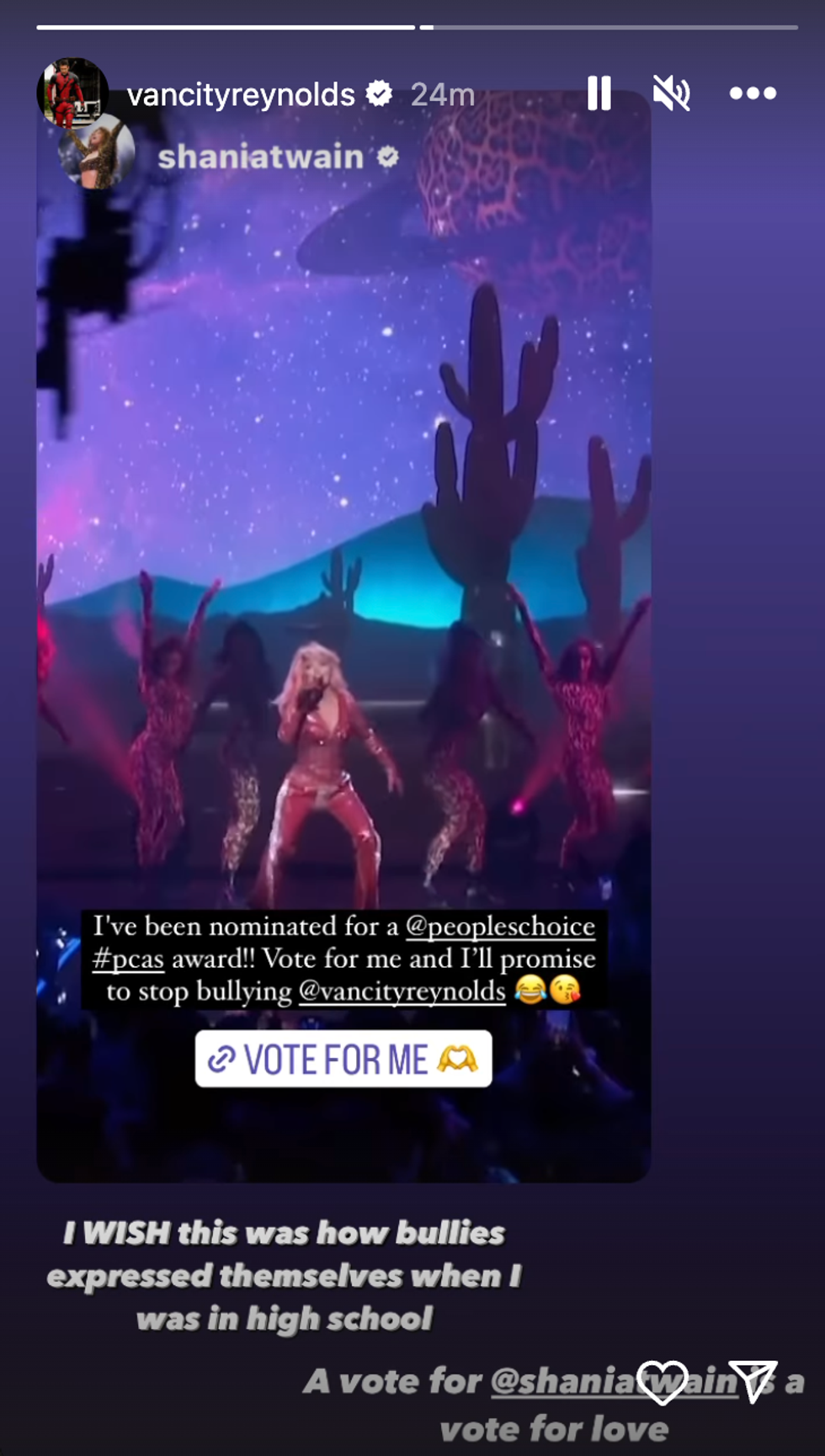 Ryan Reynolds sending a message to Shania Twain on his Instagram stories.