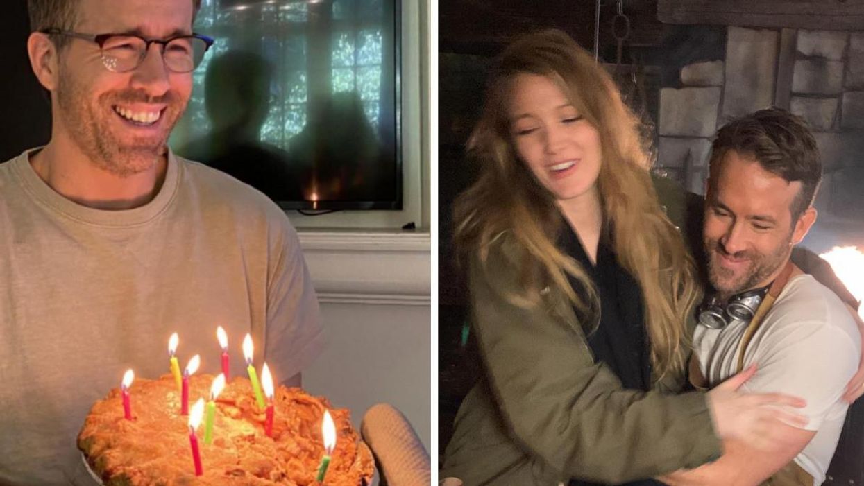 Ryan Reynolds smiling at his birthday pie. Right: Blake Lively sitting on Ryan Reynolds' lap.