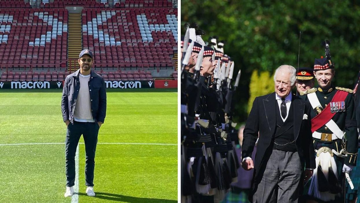 Ryan Reynolds standing on the Wrexham AFC field. Right: King Charles.