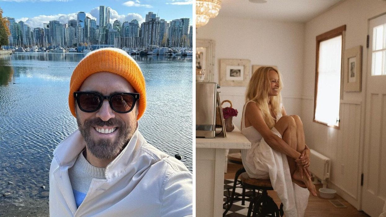 Ryan Reynolds wearing a hat and sunglasses smiling at the camera with the Vancouver skyline behind him. Right: Pamela Anderson sitting on a bar stool inside her home.