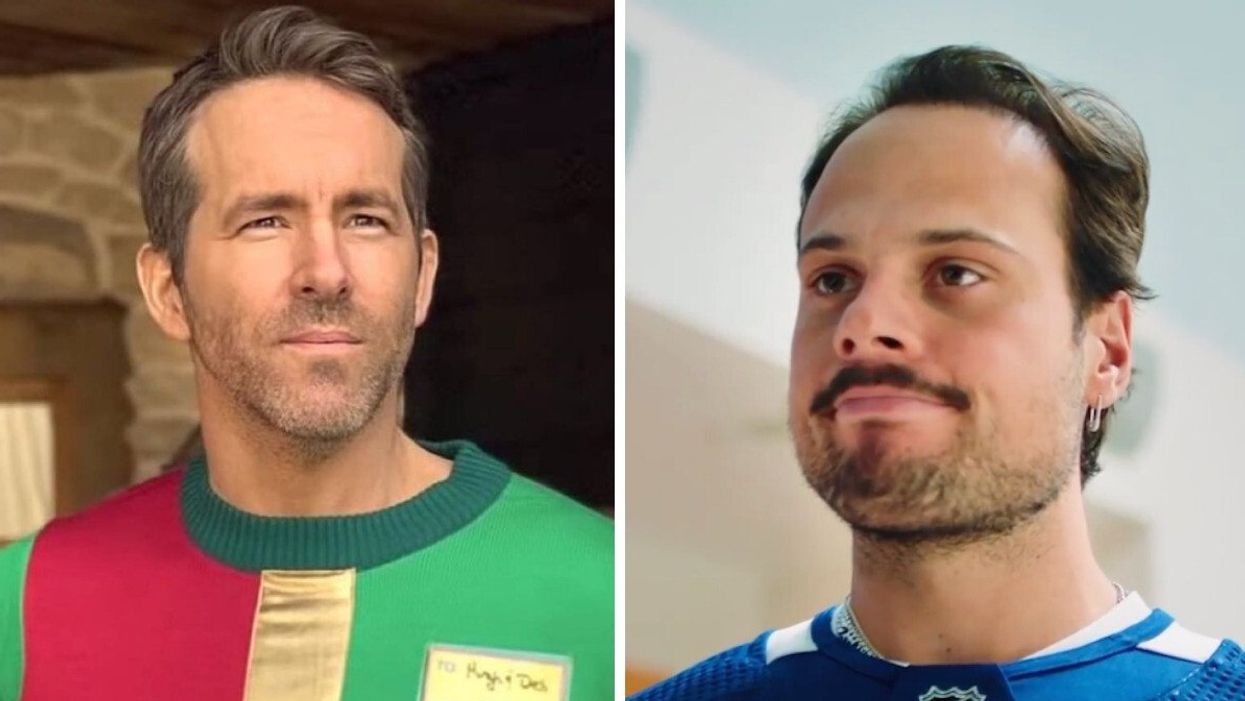 Ryan Reynolds wearing a red and green sweater. Right: Auston Matthews.