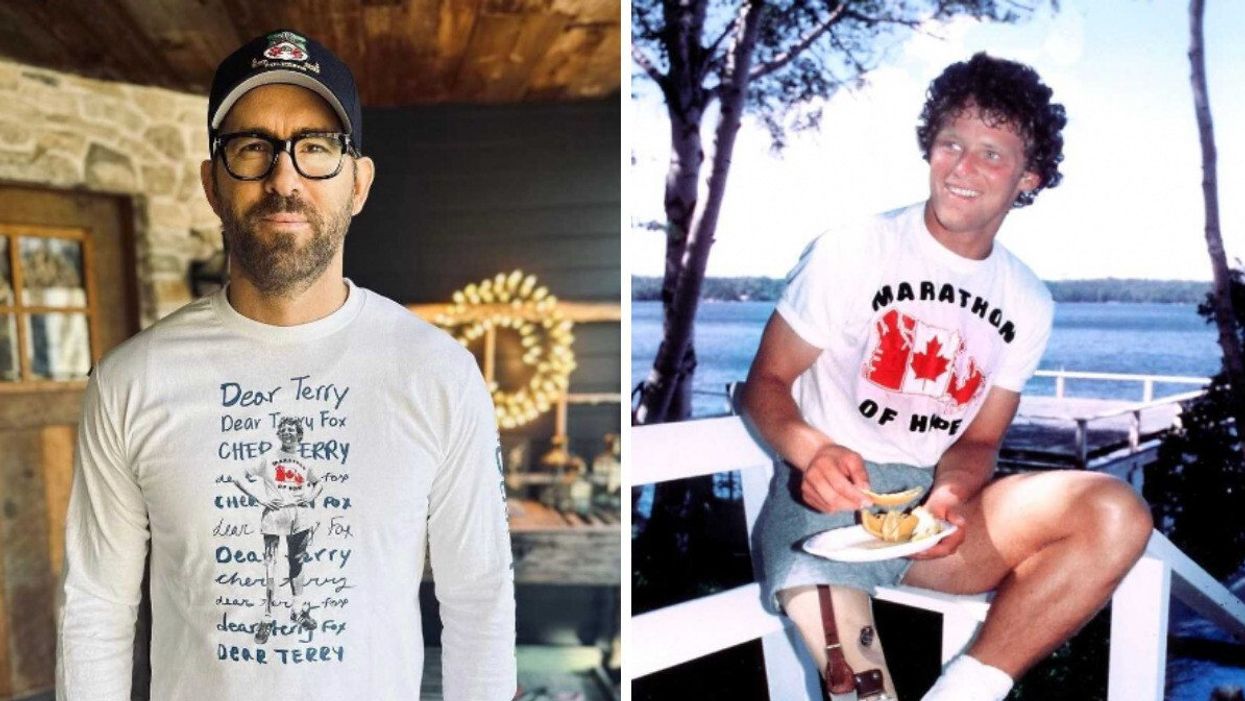 Ryan Reynolds wearing a Terry Fox shirt. Right: Terry Fox.