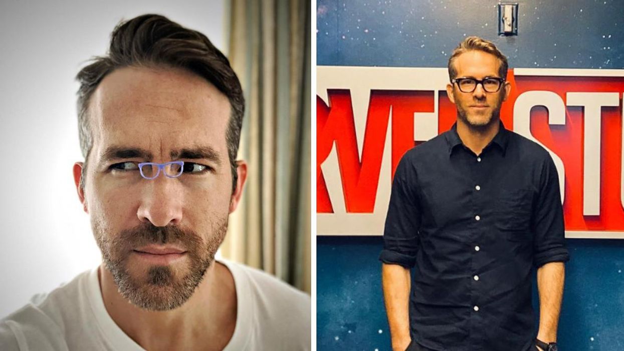 Ryan Reynolds wearing tiny sunglasses. Right: Ryan Reynolds in front of a Marvel sign.