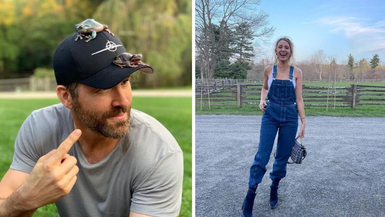 Ryan Reynolds with frogs on his head. Right: Blake Lively in overalls in front of a field.