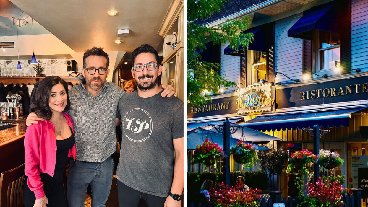 Ryan Reynolds with the owners of ll Postino. Right: ll Postino in Markham.