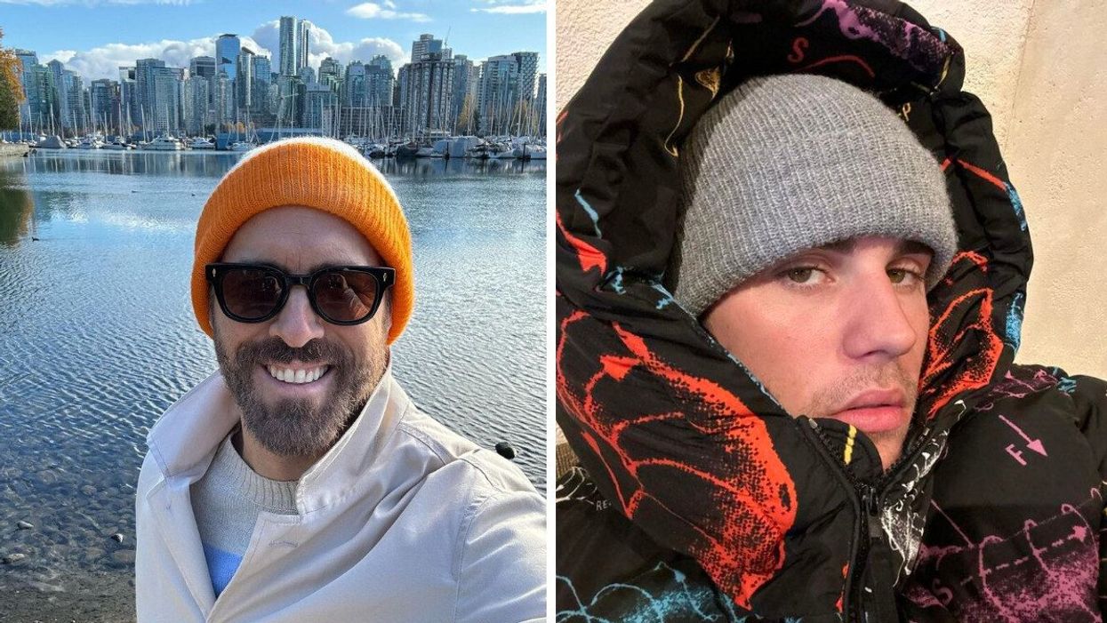 Ryan Reynolds with the Vancouver skyline behind him. Right: Justin Bieber with a hat and hood on.