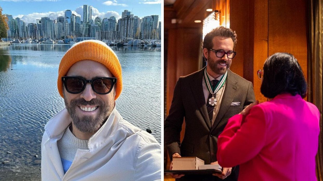 Ryan Reynolds with the view of Vancouver's downtown behind him. Right: Ryan Reynolds speaking with B.C.'s lieutenant governor Janet Austen.