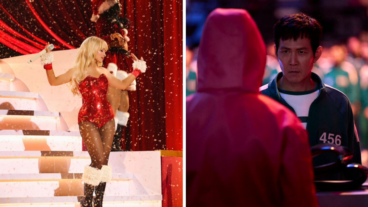 Sabrina Carpenter en vêtement de Noël. Droite : Les personnages de Squid Game saison 2.