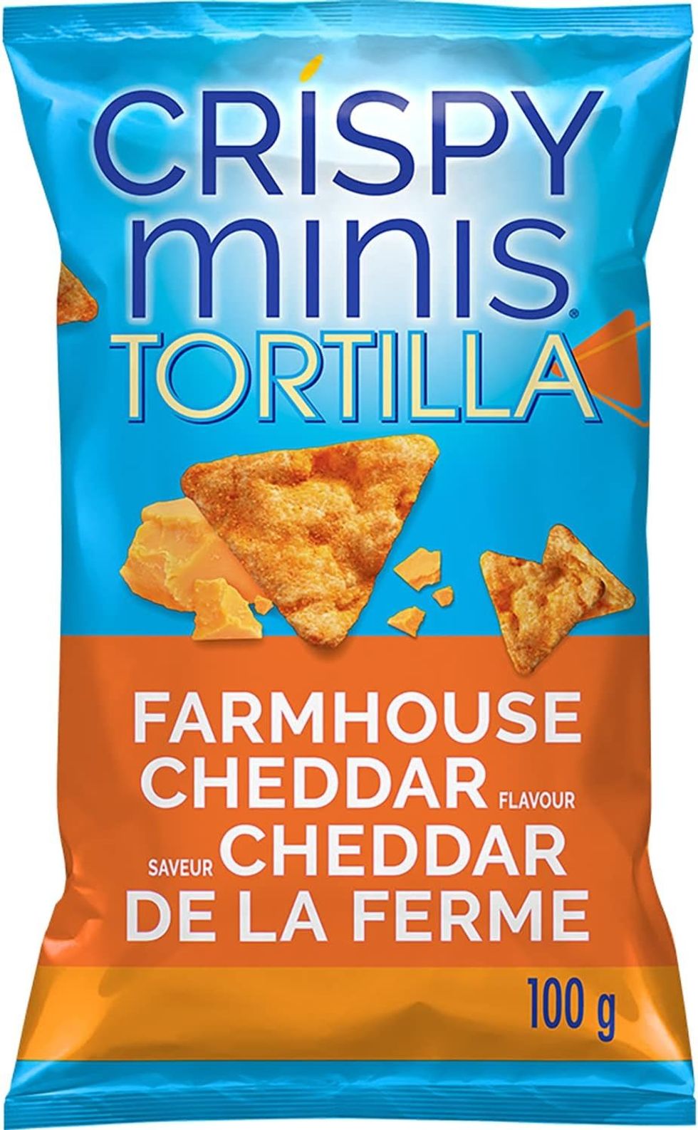 Sac bleu et orange de croustilles Quaker de riz brun de style Tortilla \u00e0 saveur de cheddar de la ferme.