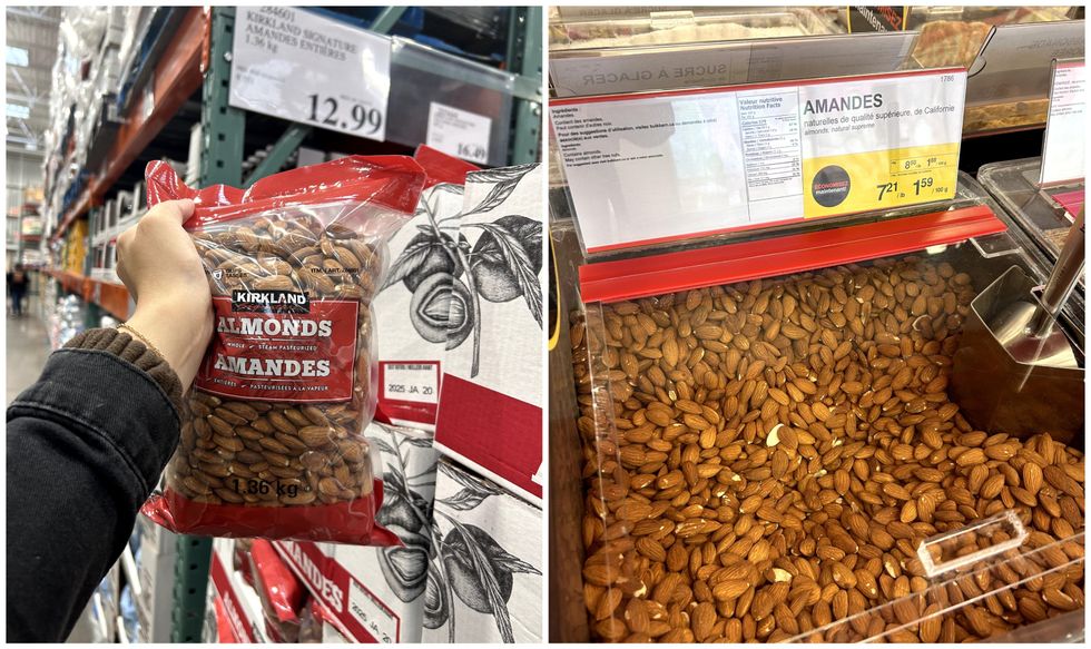 Sac d'amandes Kirkland \u00e0 vendre au Costco. Droite : Amandes en vrac \u00e0 vendre au Bulk Barn.