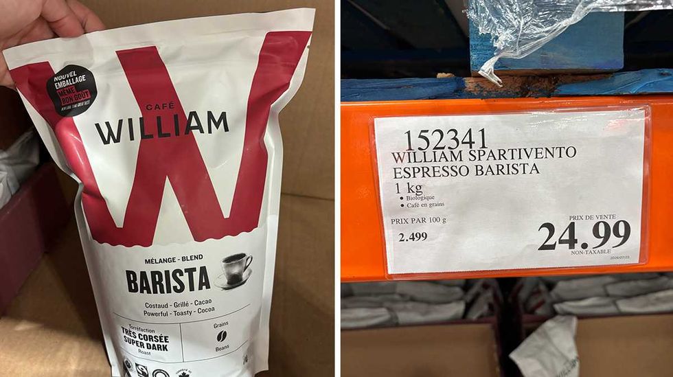 Sac de caf\u00e9 M\u00e9lange Barista William au Costco. Droite : \u00c9tiquette de prix Costco pour le caf\u00e9 M\u00e9lange Barista William.