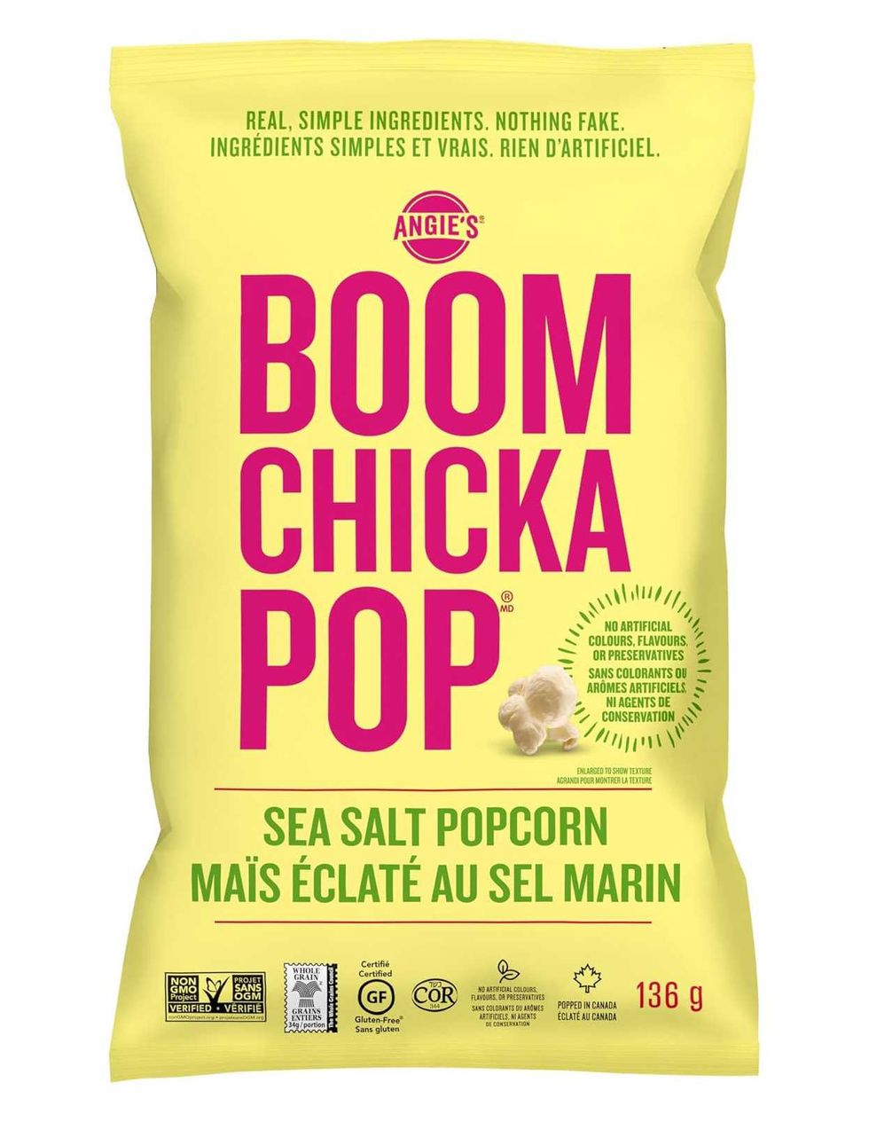 Sac de ma\u00efs \u00e9clat\u00e9 au sel marin Boom Chicka Pop, format de 136 g.
