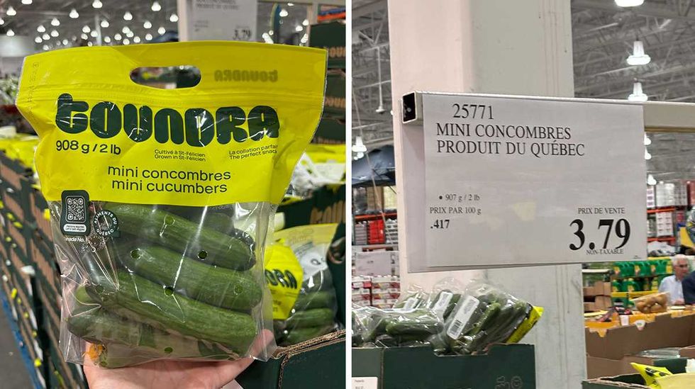 Sac de mini concombres Toundra chez Costco. Droite : \u00c9tiquette de prix Costco pour les mini concombres Toundra.