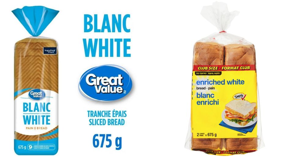 sac de pain blanc Great Value contenant une miche sur fond blanc droite : sac de pain blanc enrichi Sans Nom contenant deux miches sur fond blanc