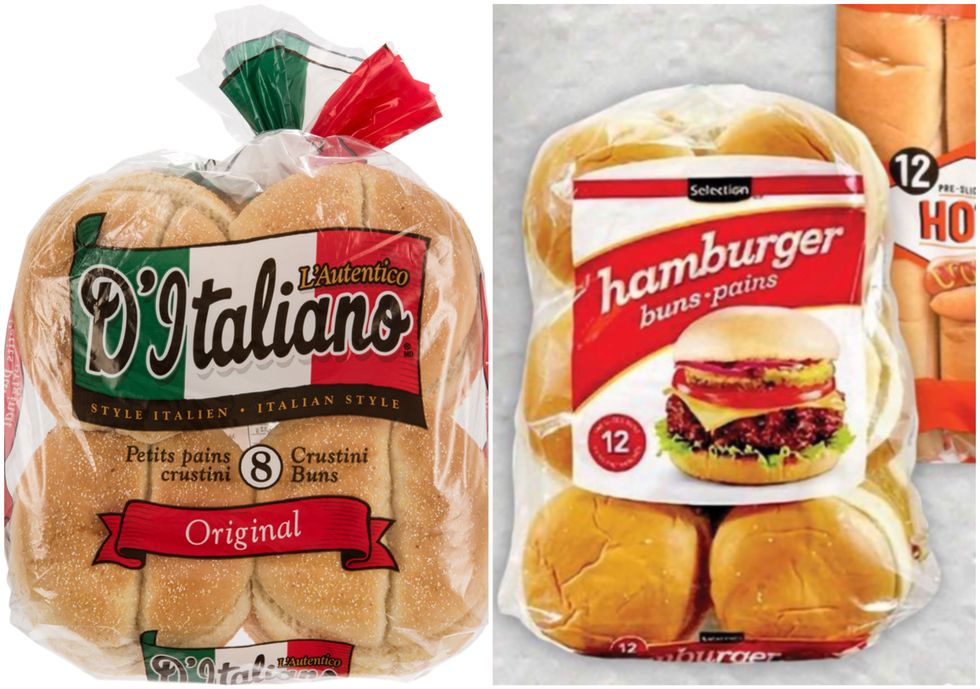 Sac de pains \u00e0 burger D'Italiano, sur fond blanc. Droite : Sac de pains \u00e0 burger Selection dans la circulaire du Adonis.