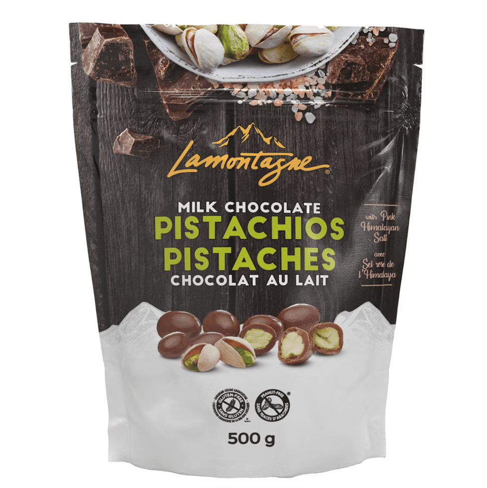 Sac de pistaches enrob\u00e9es de chocolat au lait Lamontagne de 500 g.