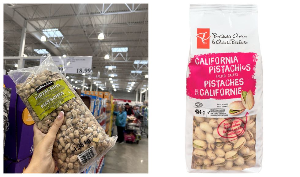 Sac de pistaches Kirkland au Costco. Droite : Sac de pistaches Sans Nom.