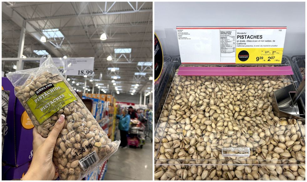 Sac de pistaches Kirkland \u00e0 vendre au Costco. Droite : Pistaches en vrac \u00e0 vendre au Bulk Barn.