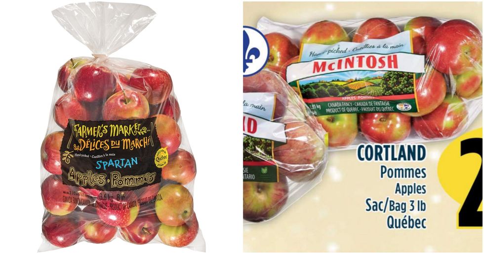 Sac de pommes Spatan de la marque D\u00e9lices du March\u00e9, sur fond blanc. Droite : Sac de pommes McIntosh du Qu\u00e9bec dans la circulaire du Adonis.