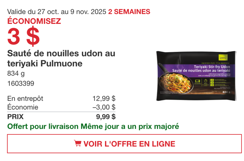 : Sac de saut\u00e9 de nouilles udon au teriyaki Pulmuone de sur le site de Costco.