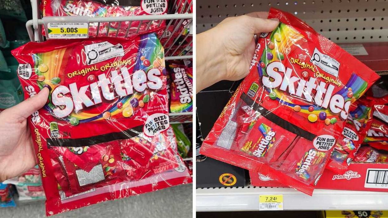 Sac de Skittles au Dollarama. Droite : Sac de Skittles au Walmart.