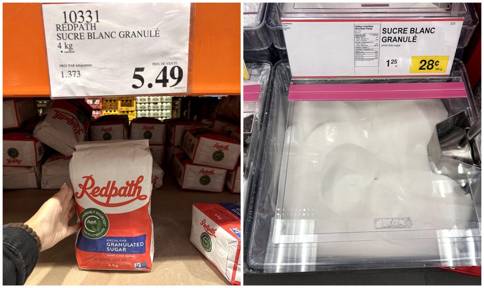 Sac de sucre blanc granul\u00e9 Redpath \u00e0 vendre au Costco. Droite : Sucre blanc granul\u00e9 en vrac \u00e0 vendre au Bulk Barn.