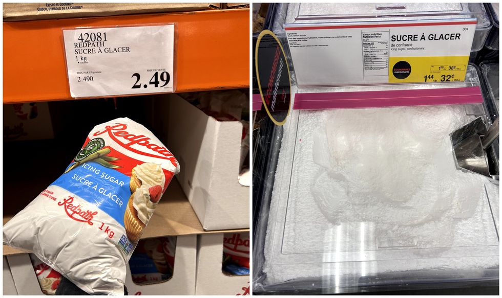 Sac de sucre \u00e0 glacer Redpath \u00e0 vendre au Costco. Droite : Sucre \u00e0 glacer en vrac \u00e0 vendre au Bulk Barn.