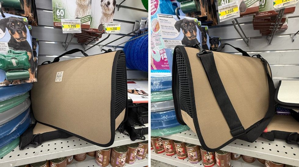 Sac de transport rigide en tissu beige avec parois en maille noire pour petits animaux au Dollarama.