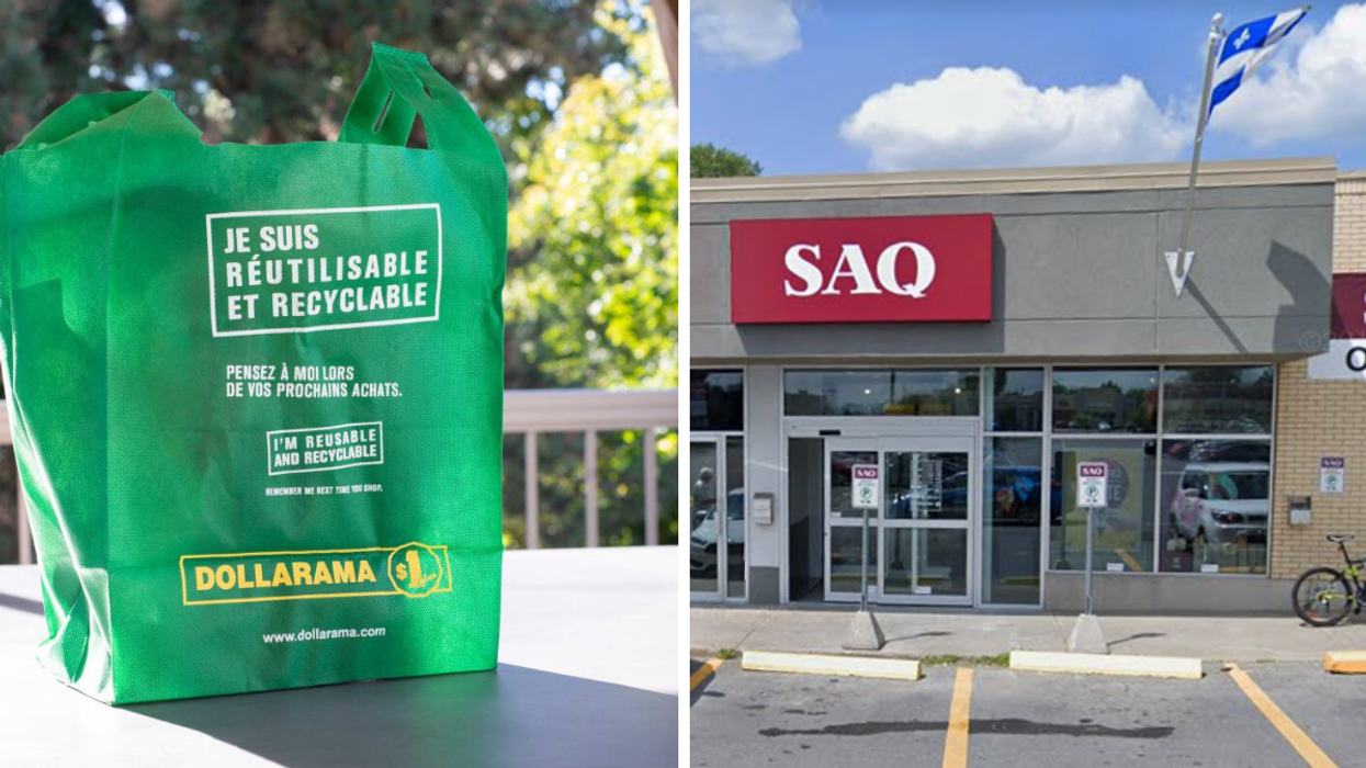 Sac Dollarama, Droite : Société des alcools du Québec.