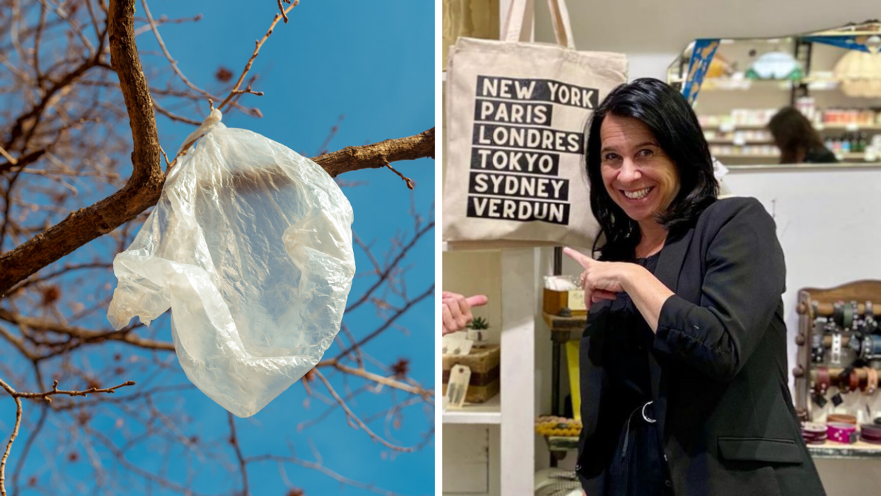 Sac en plastique. Droite : Valérie Plante