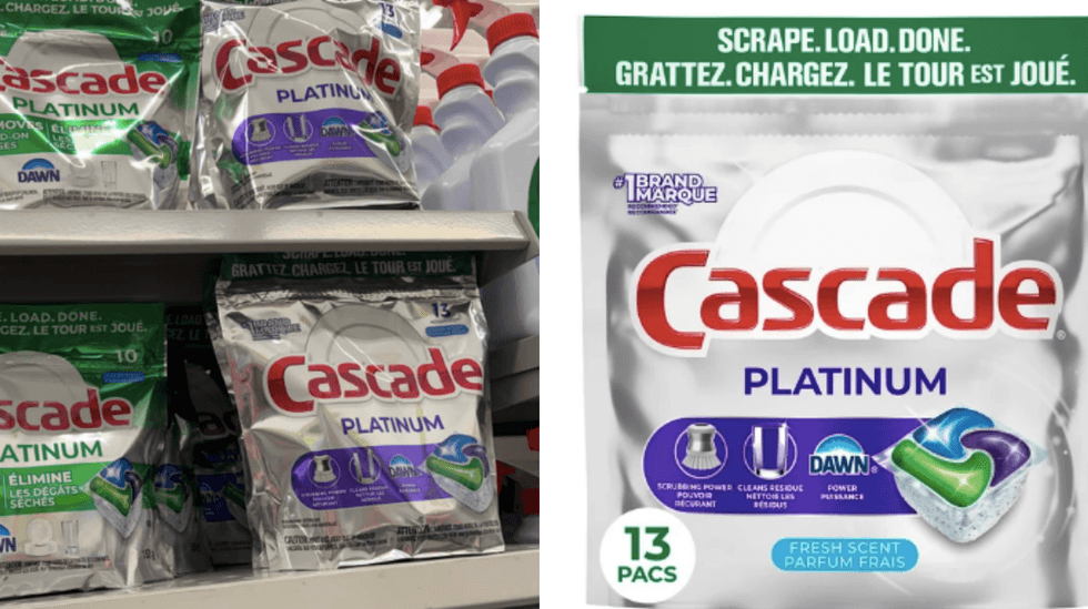 Sachets de 13 capsules pour lave-vaisselle Cascade Platinum.