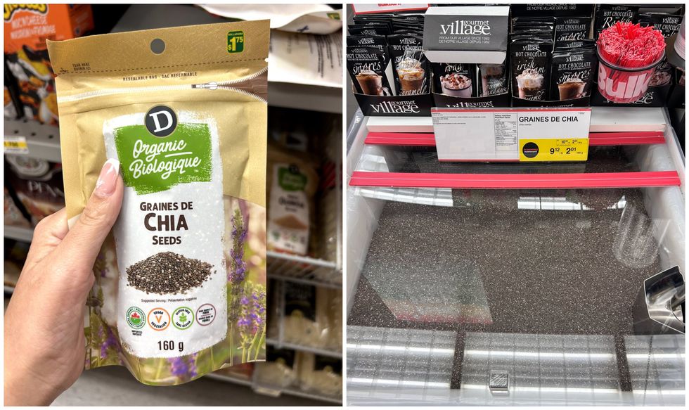 Sachets de graines de chia sur une tablette du Dollarama. Droite : Le contenant de graines de chia en vrac du Bulk Barn.