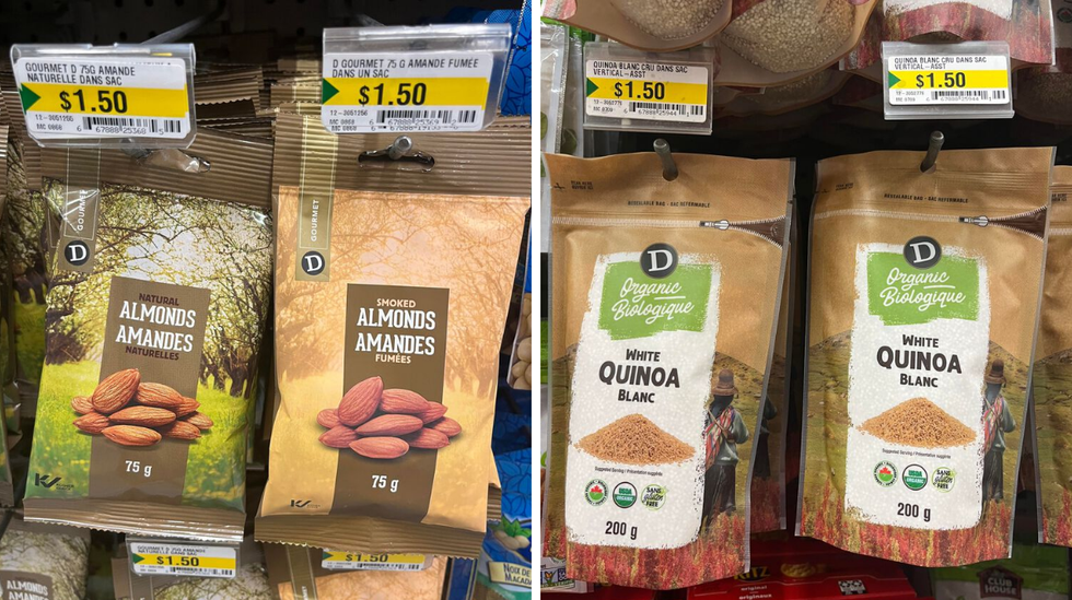 Sacs d'amandes. Droite : Sacs de quinoa blanc.