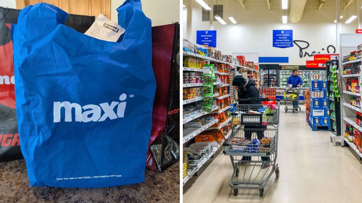 Sacs d'épicerie IGA, Maxi et Metro. Droite : Une personne dans l'allée d'un supermarché.