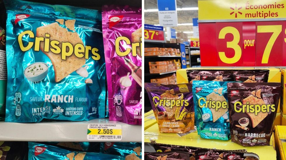 Sacs de Crispers vendus au Dollarama. Droite : Sacs de Crispers vendus au Walmart.