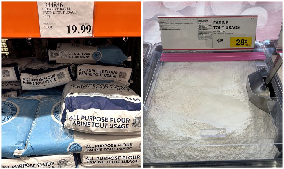Sacs de farine tout usage Creative Baker \u00e0 vendre au Costco. Droite : Farine tout usage en vrac \u00e0 vendre au Bulk Barn.